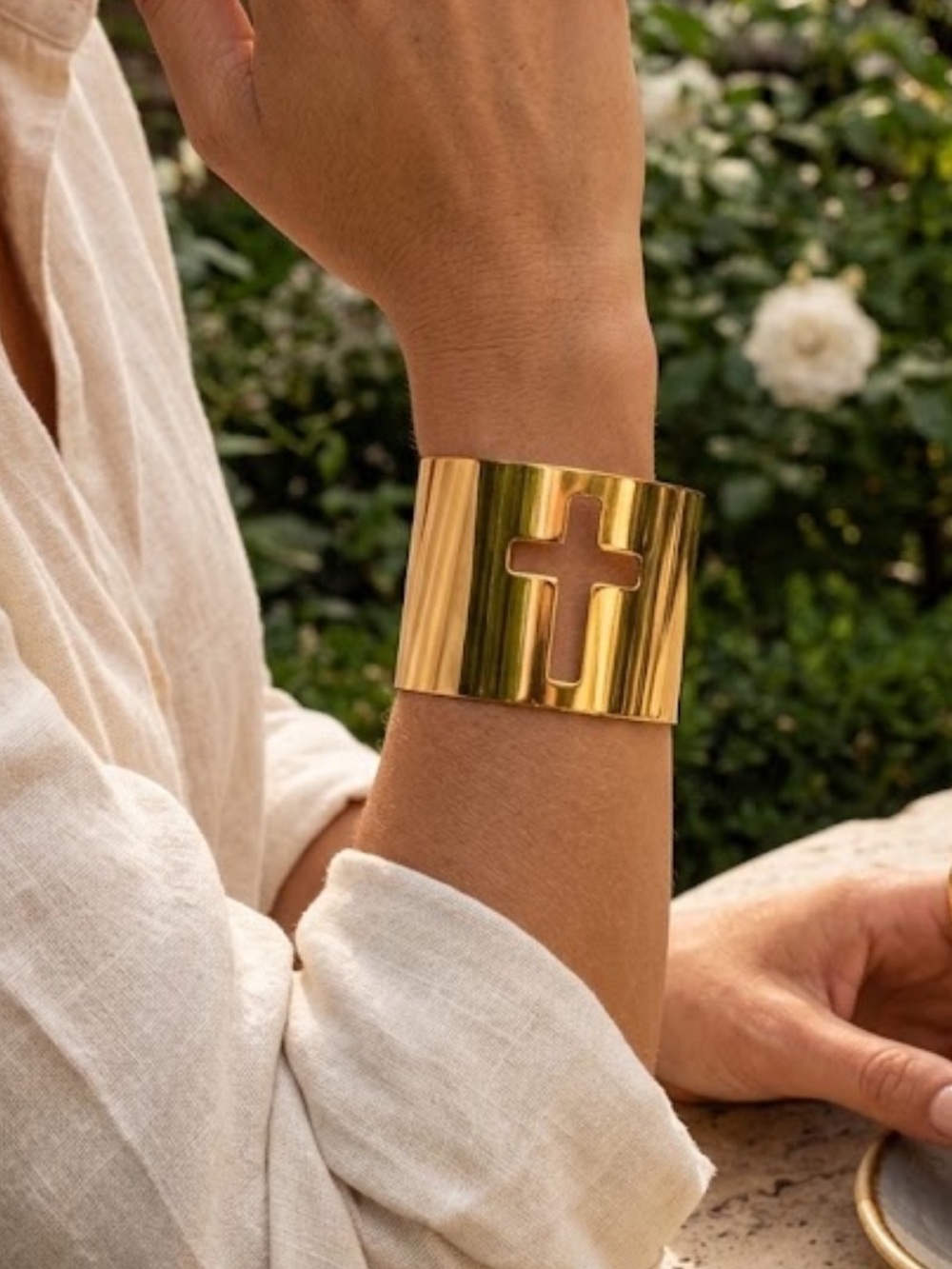 New Gold Cross Cuff Bracelet Religious Statement Wide Cutout Bangle - Picture 7 of 7